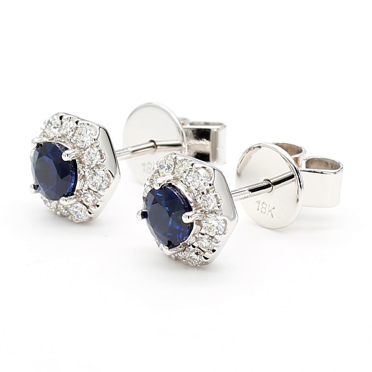 Natural Blue Round Sapphire and Diamond 0.97 Carat TW Gold Stud Earrings
