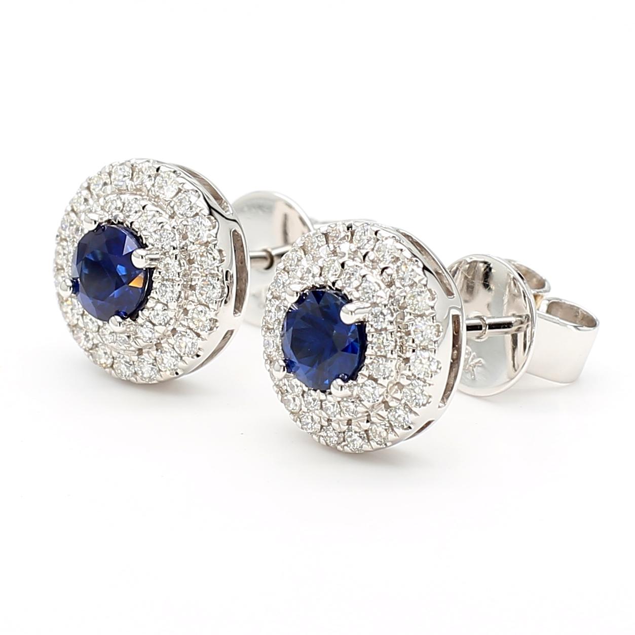 Natural Blue Round Sapphire and Diamond 1.05 Carat TW Gold Stud Earrings