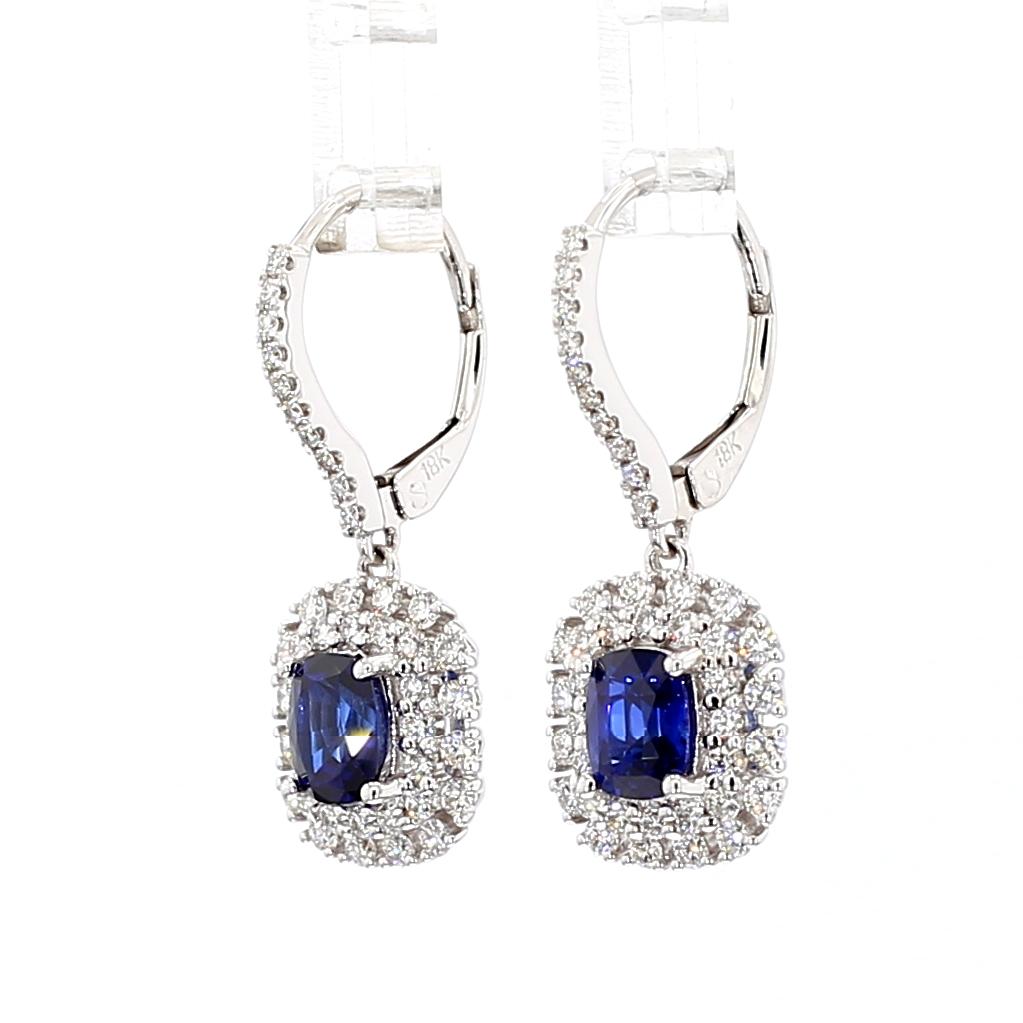 Natural Blue Cushion Sapphire and White Diamond 2.53 Carat TW Gold Drop Earrings