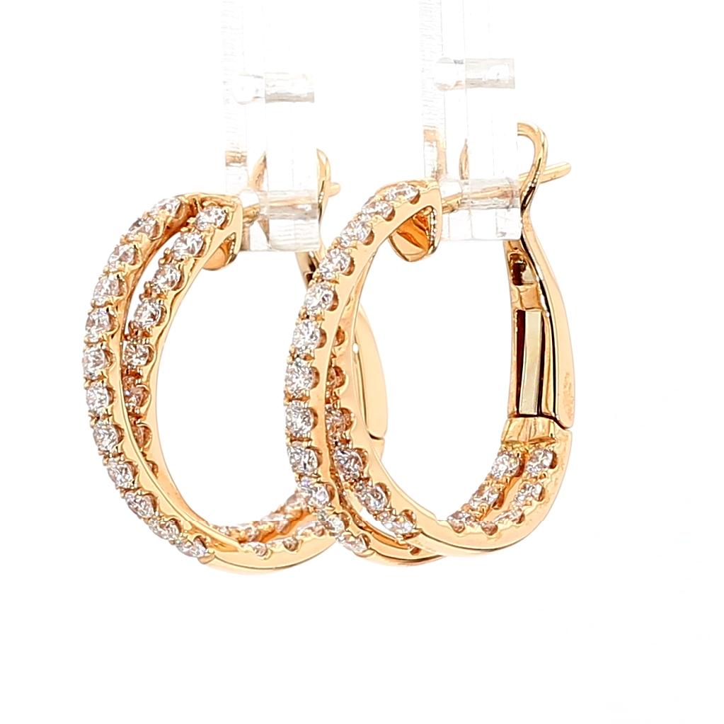 Natural White Round Diamond 1.66 Carat TW Rose Gold Hoop Earrings