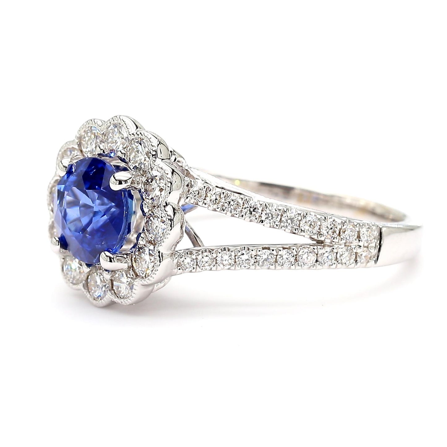 Natural Blue Round Sapphire and White Diamond 2.18 Carat TW White Gold Ring