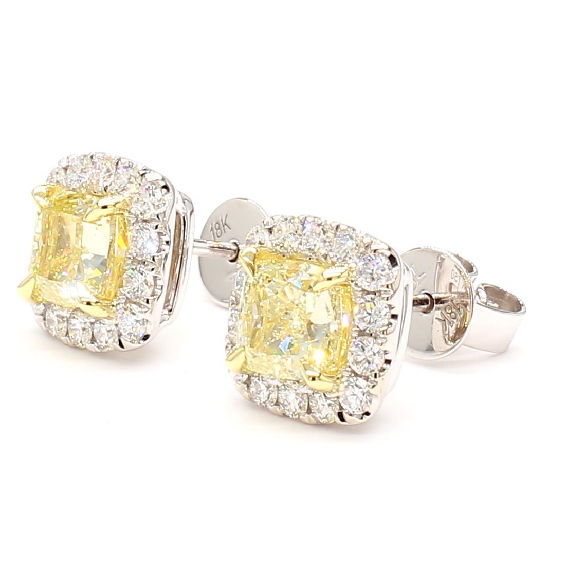 GIA Certified Natural Yellow Cushion Diamond 2.05 Carat TW Gold Stud Earrings