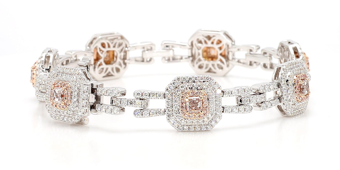 GIA Certified Natural Pink Radiant Diamond 5.08 Carat TW Gold Tennis Bracelet