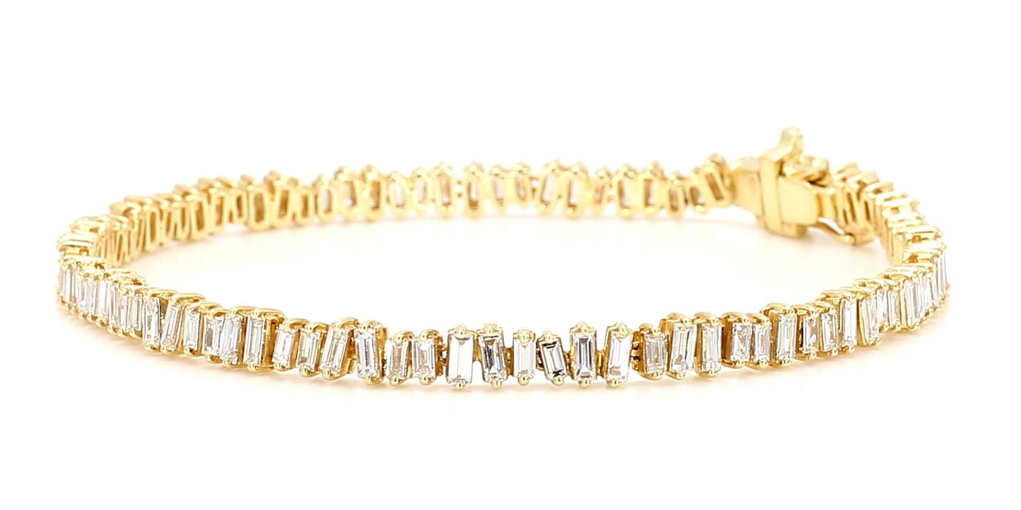 Natural White Baguette Diamond 2.95 Carat TW Yellow Gold Tennis Bracelet
