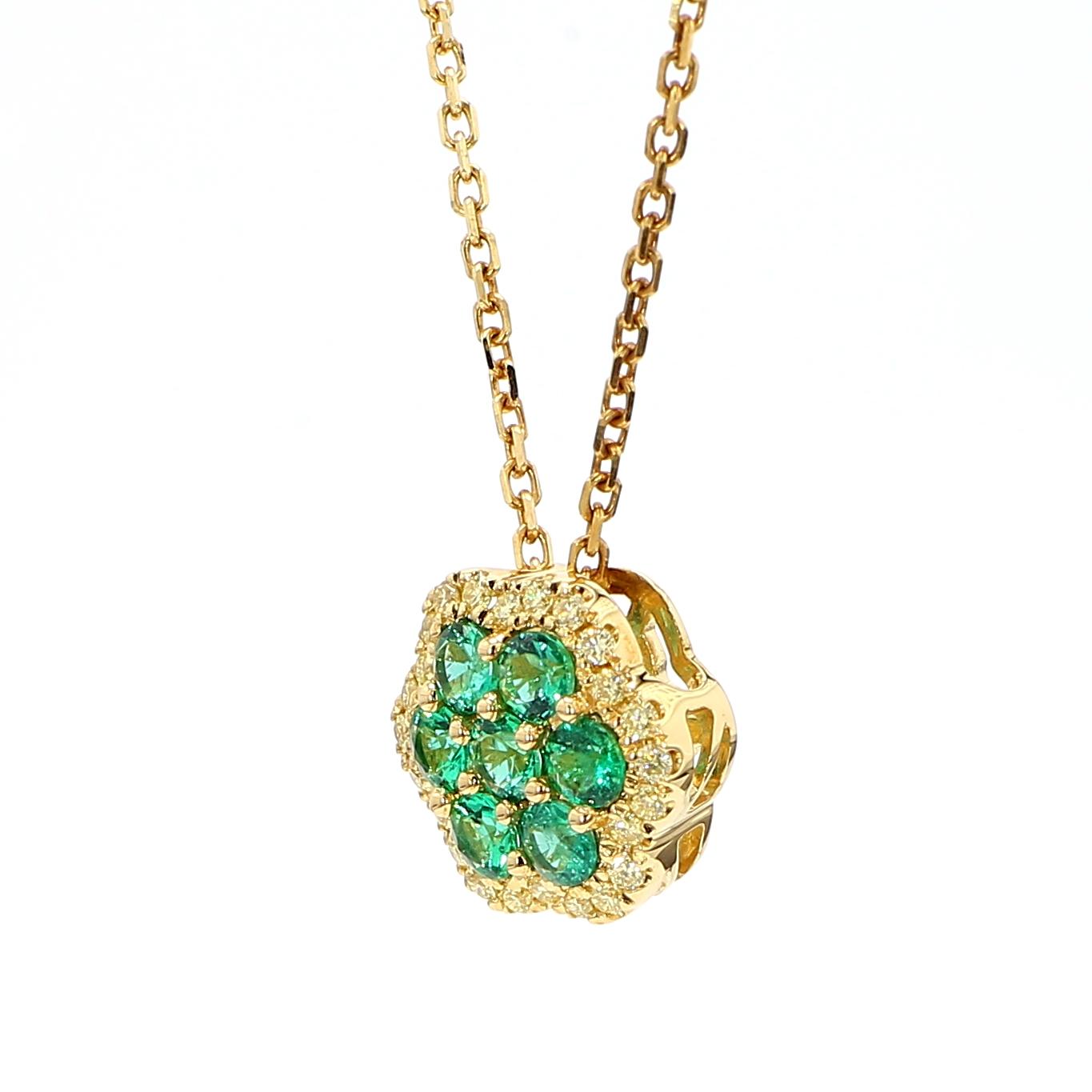 Natural Round Emerald and Yellow Diamond .78 Carat TW Gold Drop Pendant