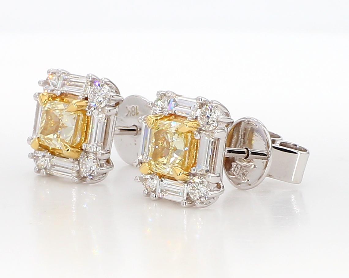 Natural Yellow Cushion Diamond 1.73 Carat TW Gold Stud Earrings