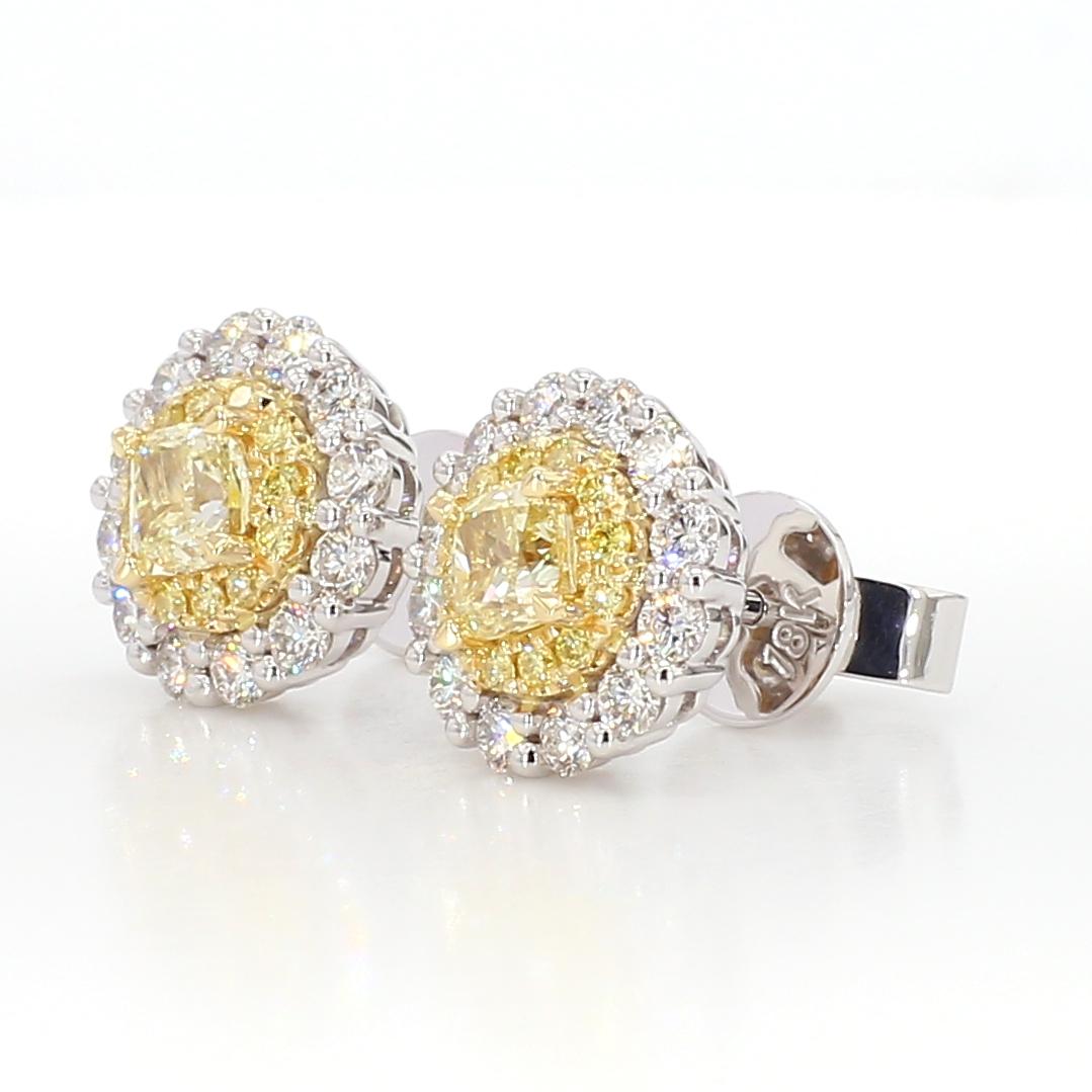 Natural Yellow Cushion Diamond 1.18 Carat TW Gold Stud Earrings