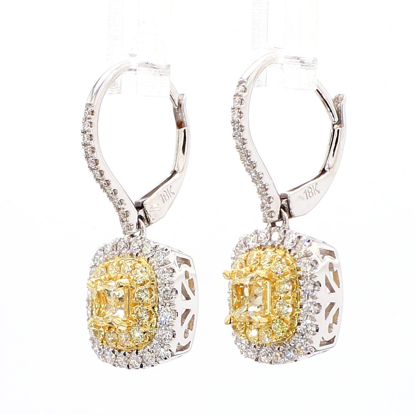 Natural Yellow Cushion Diamond 1.28 Carat TW Gold Drop Earrings