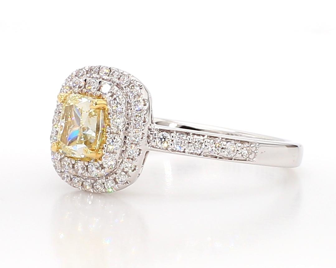 Natural Yellow Cushion and White Diamond 1.10 Carat TW Gold Cocktail Ring