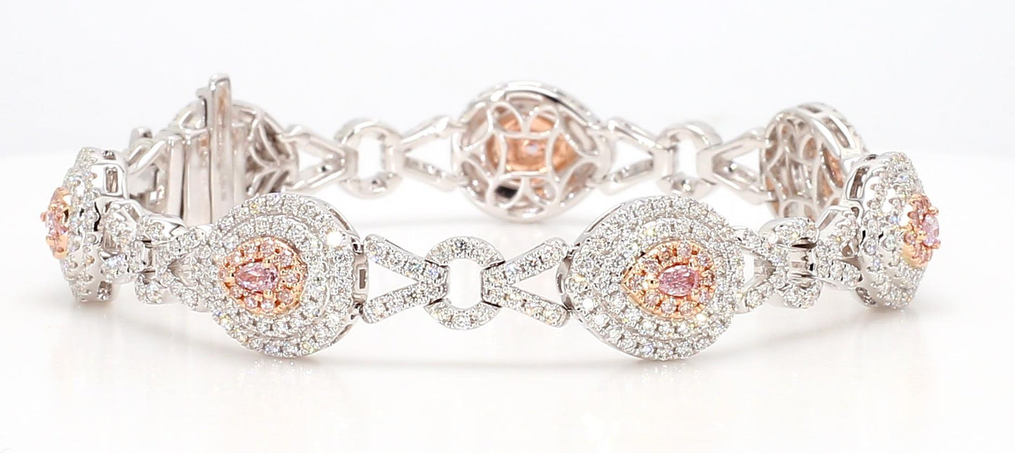 IGI Certified Natural Pink Pear Diamond 3.38 Carat TW Gold Tennis Bracelet