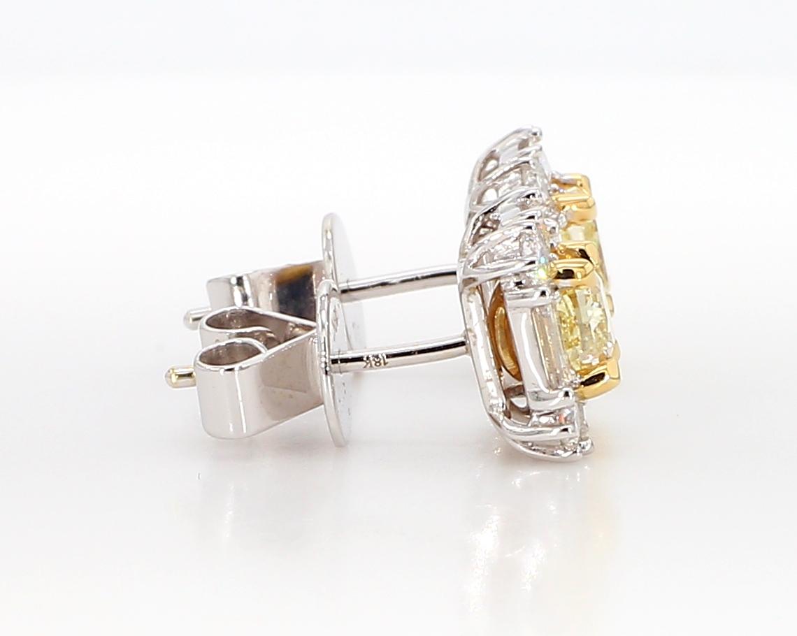 Natural Yellow Cushion Diamond 1.73 Carat TW Gold Stud Earrings