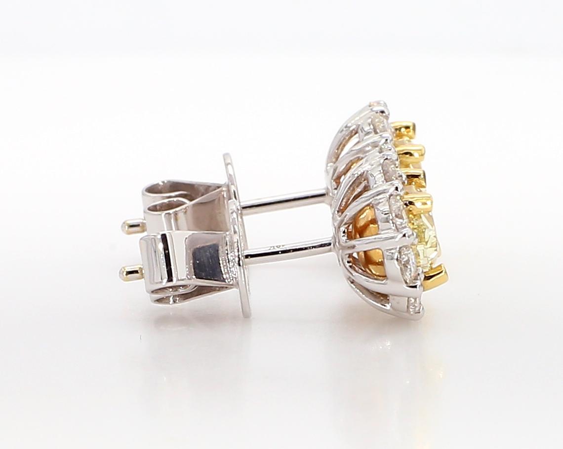 Natural Yellow Oval and White Diamond 2.09 Carat TW Gold Stud Earrings