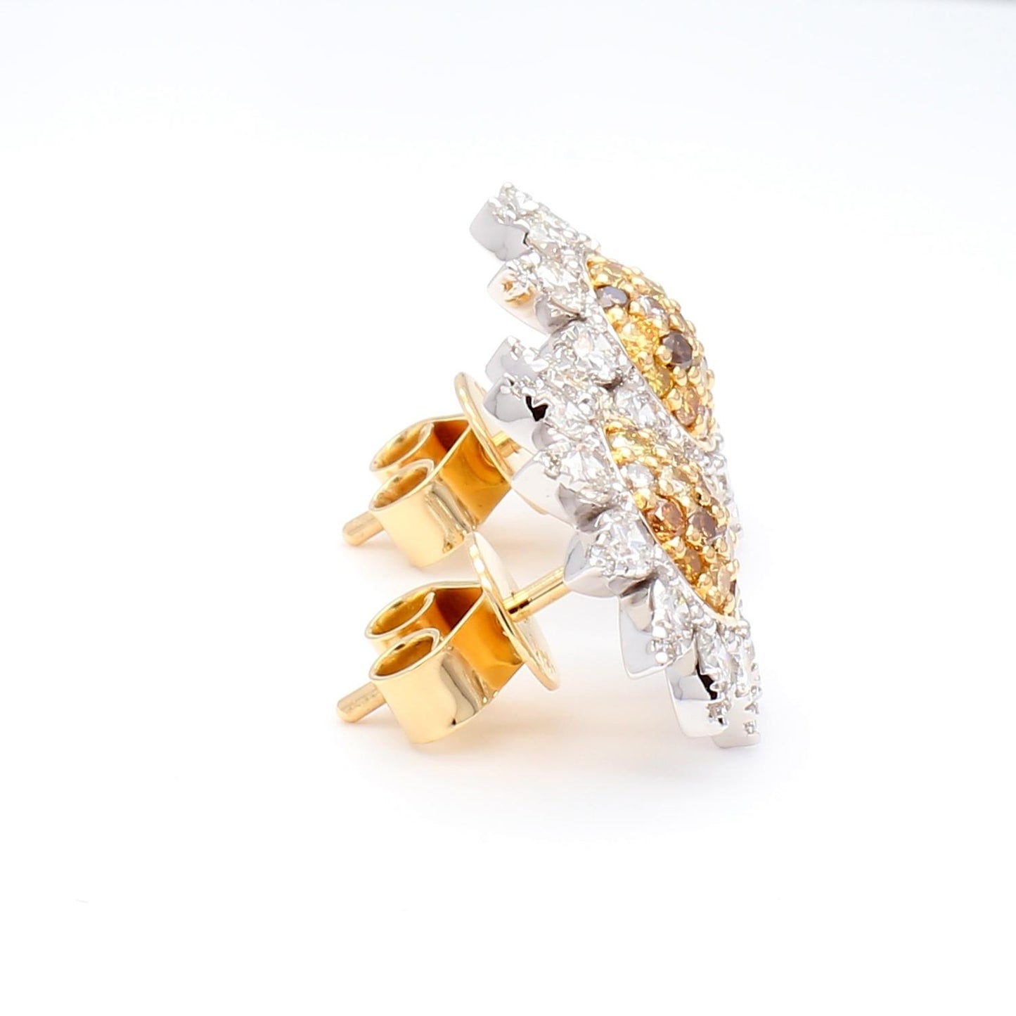 Natural Yellow Round and White Diamond 1.69 Carat TW Gold Stud Earrings