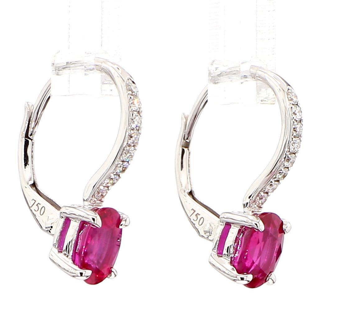 Natural Red Oval Ruby and White Diamond 1.24 Carat TW Gold Drop Earrings