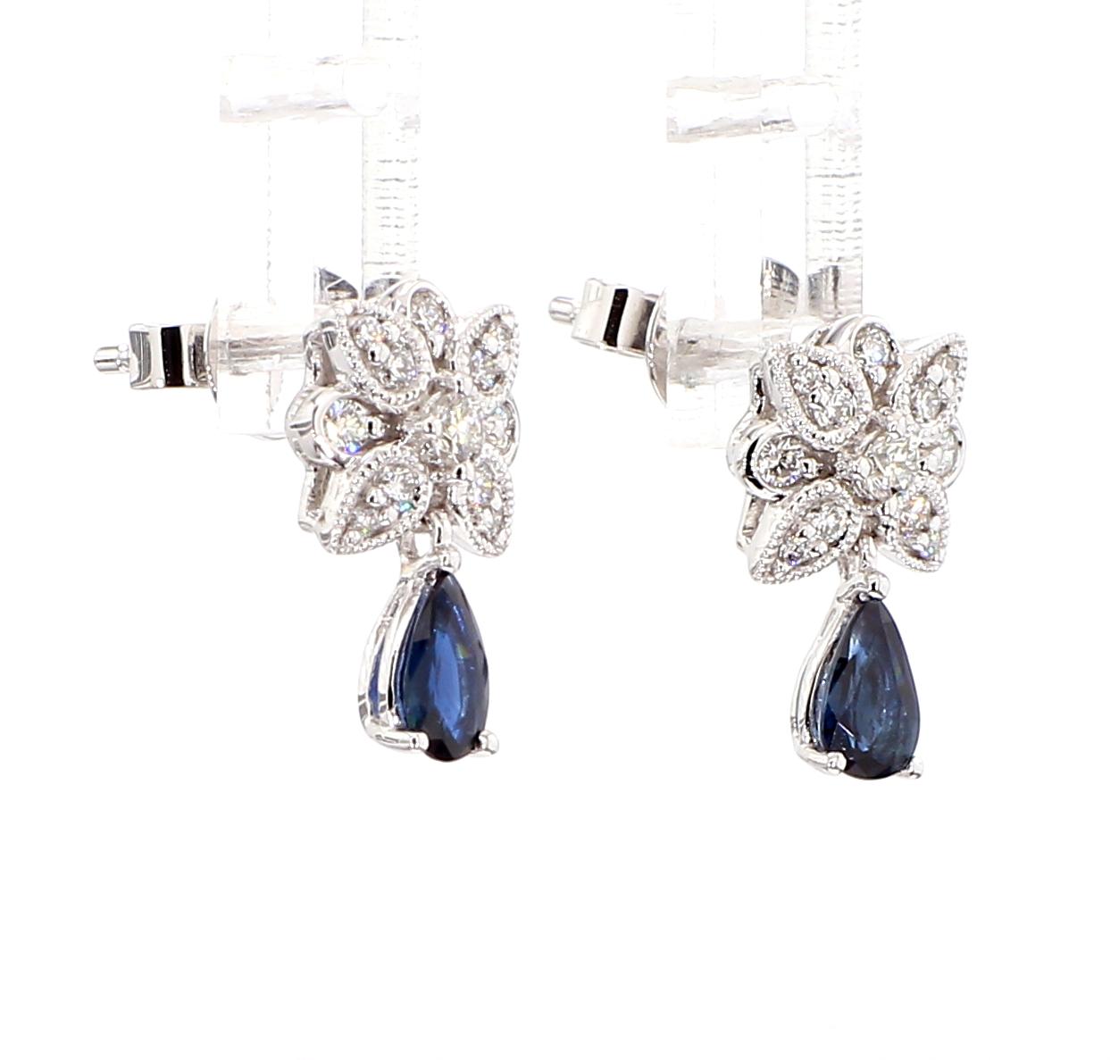Natural Blue Pear Sapphire and White Diamond 0.80 Carat TW Gold Drop Earrings