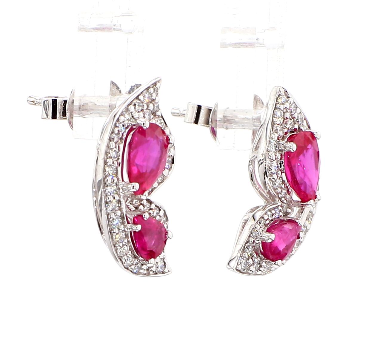 Natural Red Pear Ruby and White Diamond 1.65 Carat TW Gold Stud Earrings