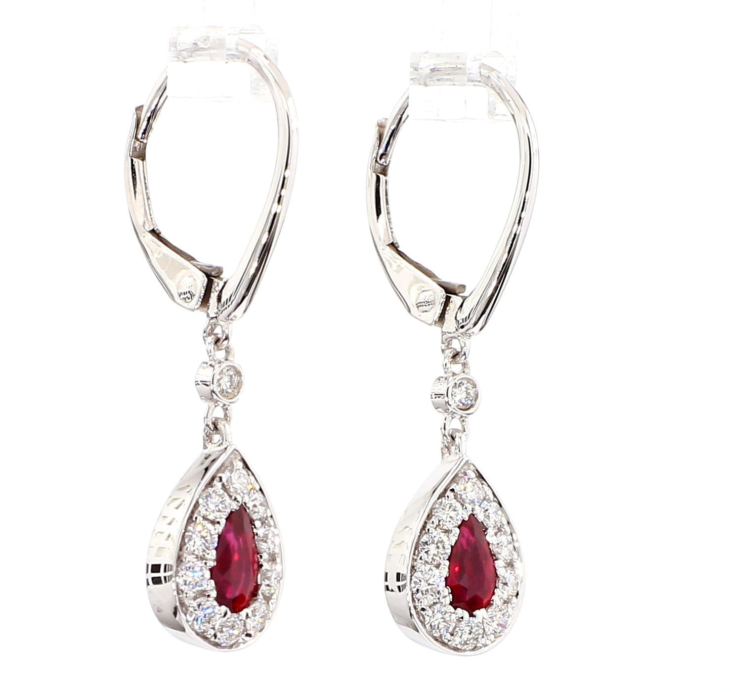 Natural Red Pear Ruby and White Diamond 0.82 Carat TW Gold Drop Earrings