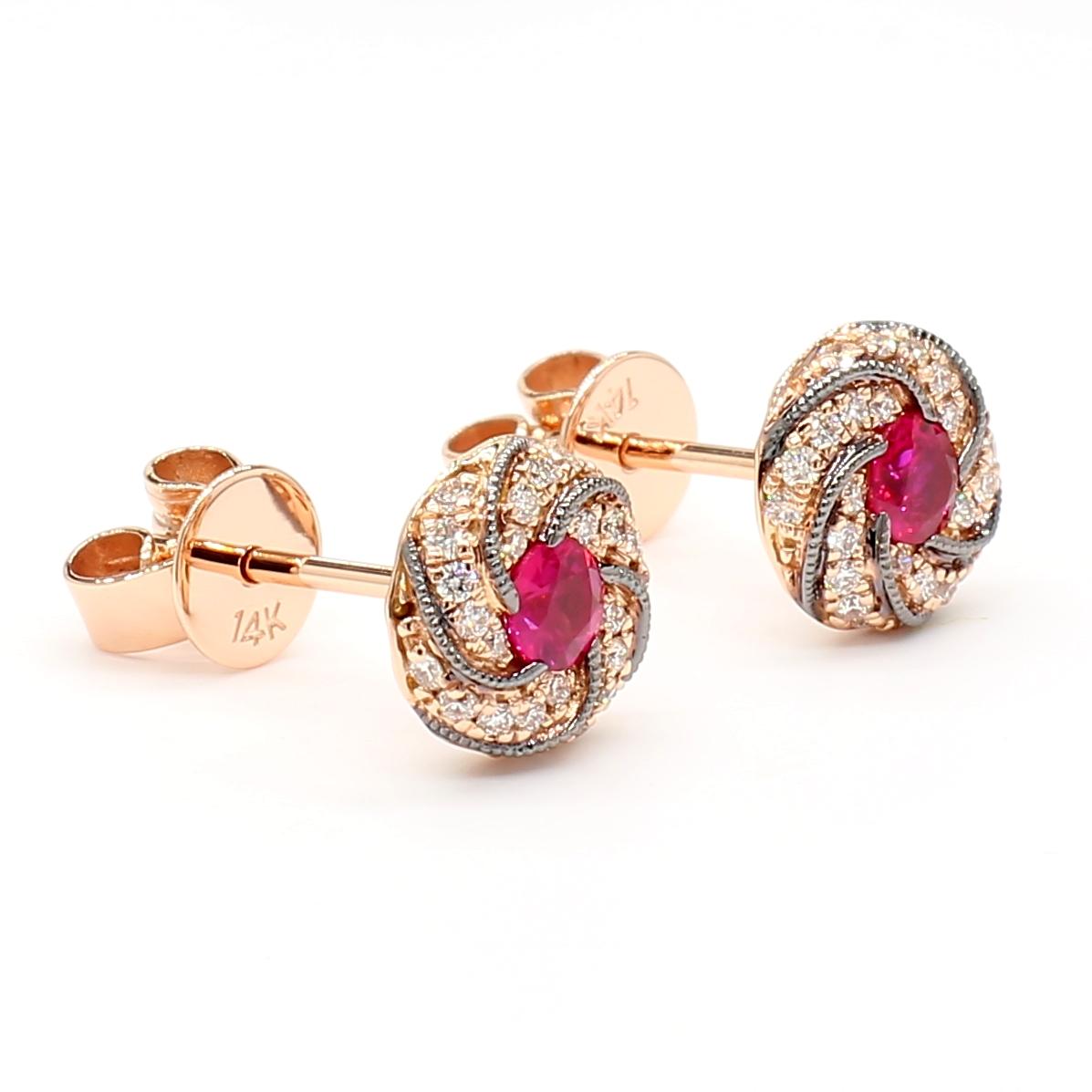 Natural Red Round Ruby and White Diamond 0.49 Carat TW Rose Gold Stud Earrings