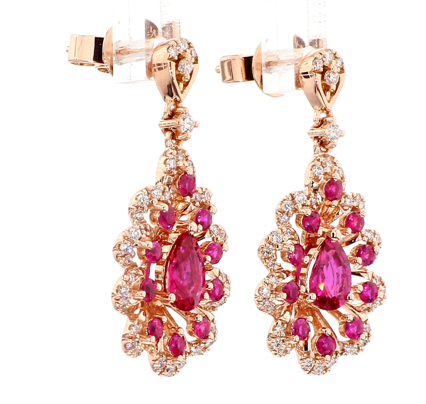 Natural Red Pear Ruby and White Diamond 1.81 Carat TW Gold Drop Earrings