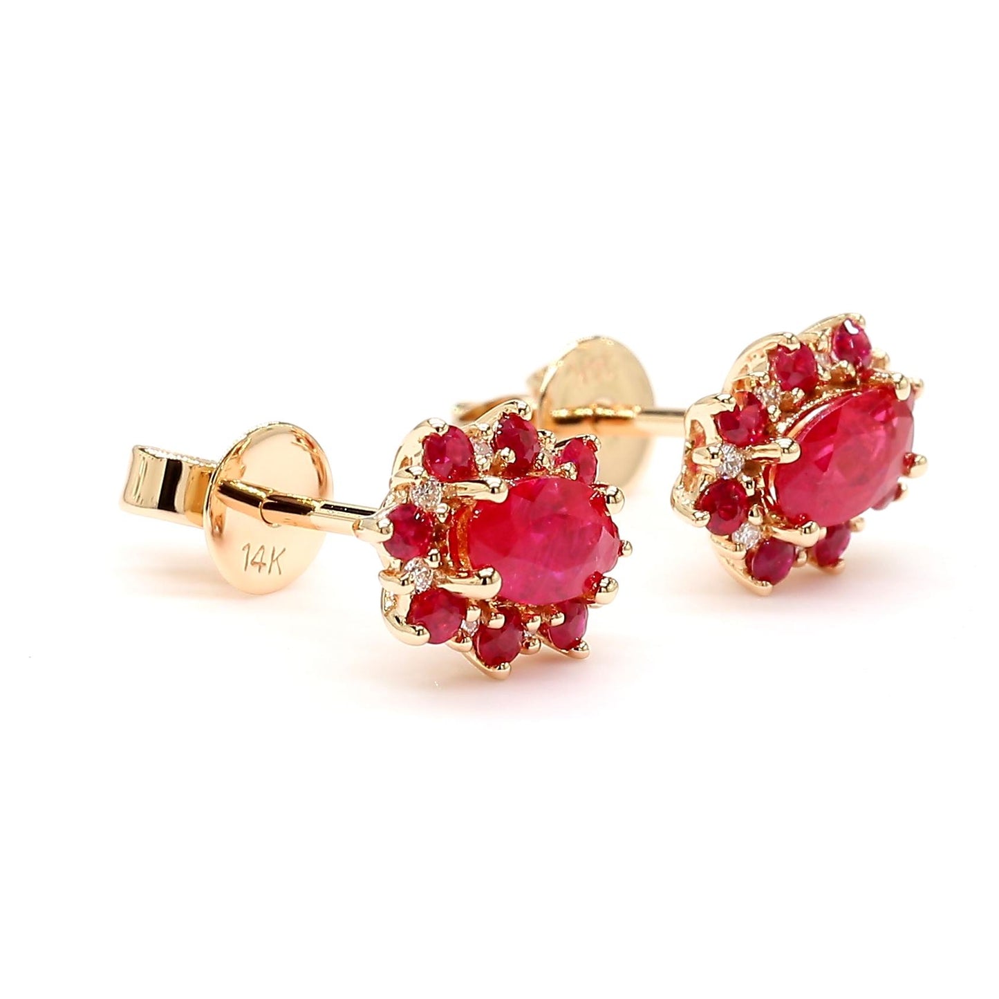 Natural Red Oval Ruby and White Diamond 0.93 Carat TW Gold Stud Earrings