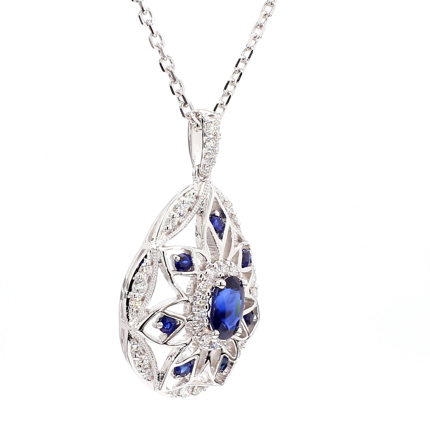 Natural Blue Oval Sapphire and White Diamond 1.08 Carat TW Gold Drop Pendant