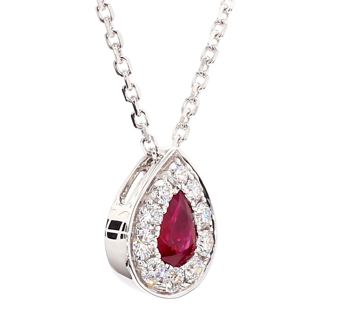 Natural Pear Red Ruby and White Diamond .76 Carat TW Gold Drop Pendant