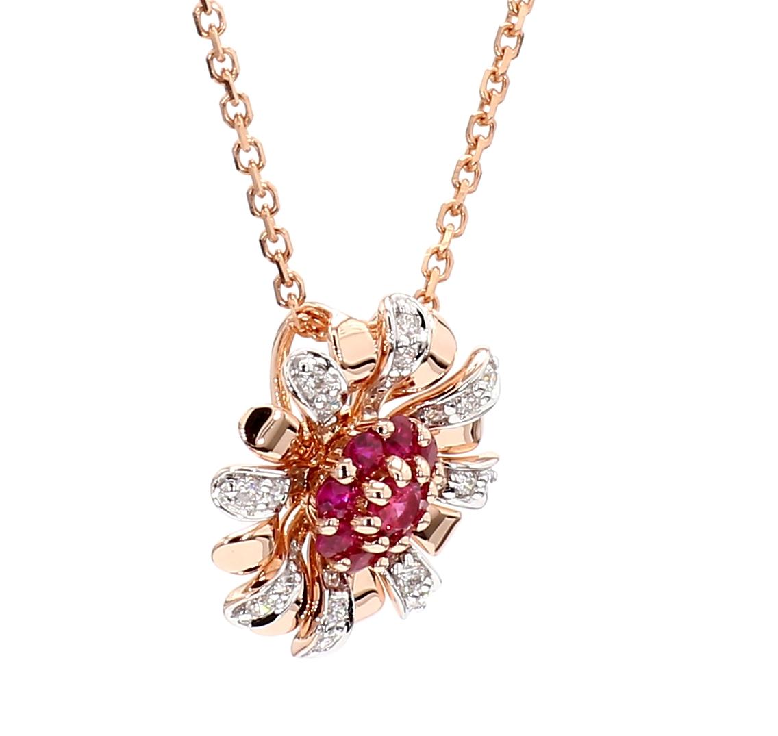 Natural Round Red Ruby and White Diamond .31 Carat TW Rose Gold Pendant