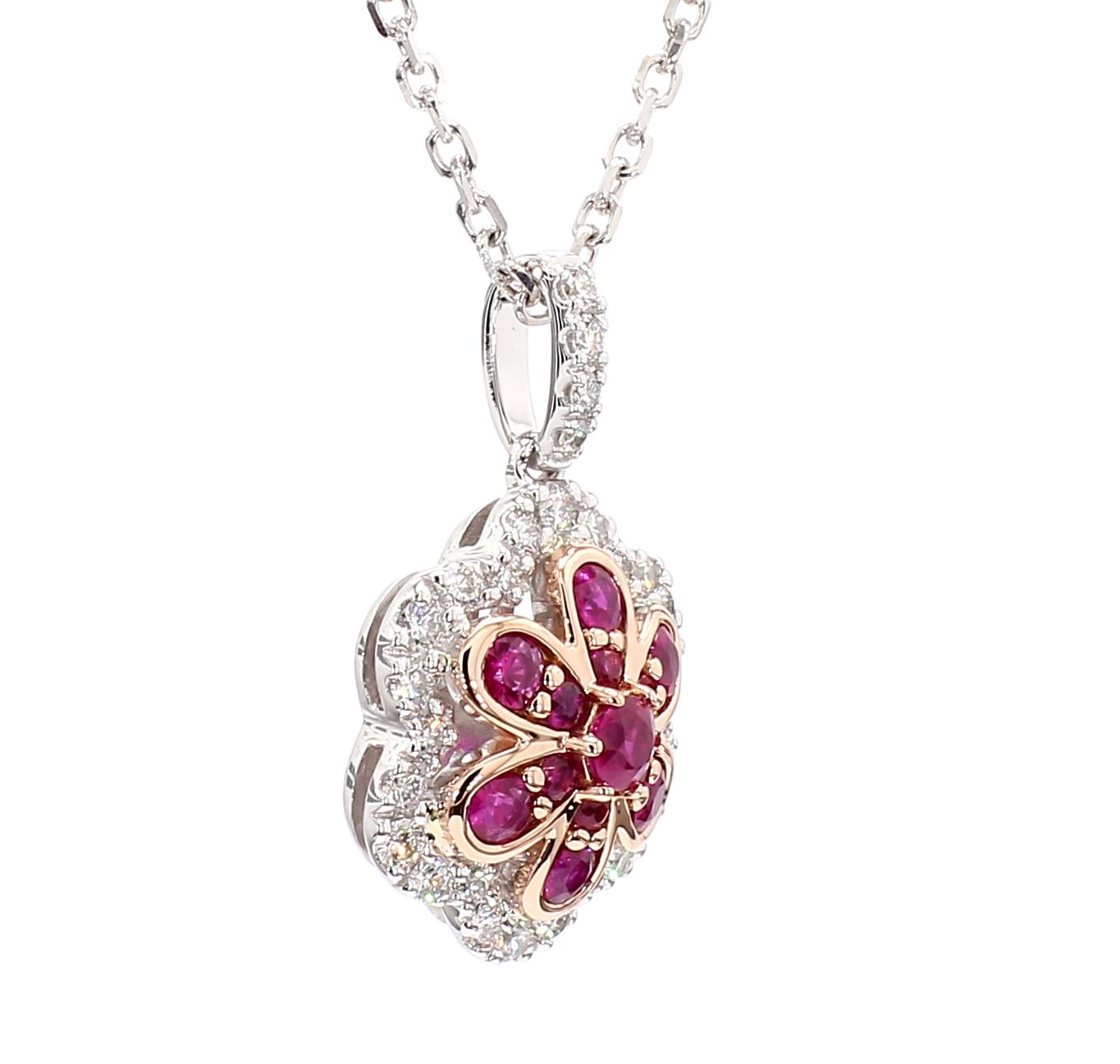 Natural Round Red Ruby and White Diamond .77 Carat TW Gold Drop Pendant