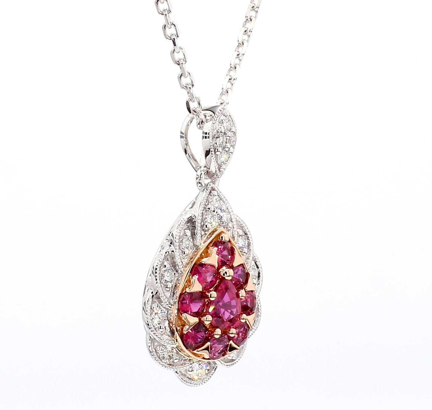Natural Pear Red Ruby and White Diamond .91 Carat TW Gold Drop Pendant