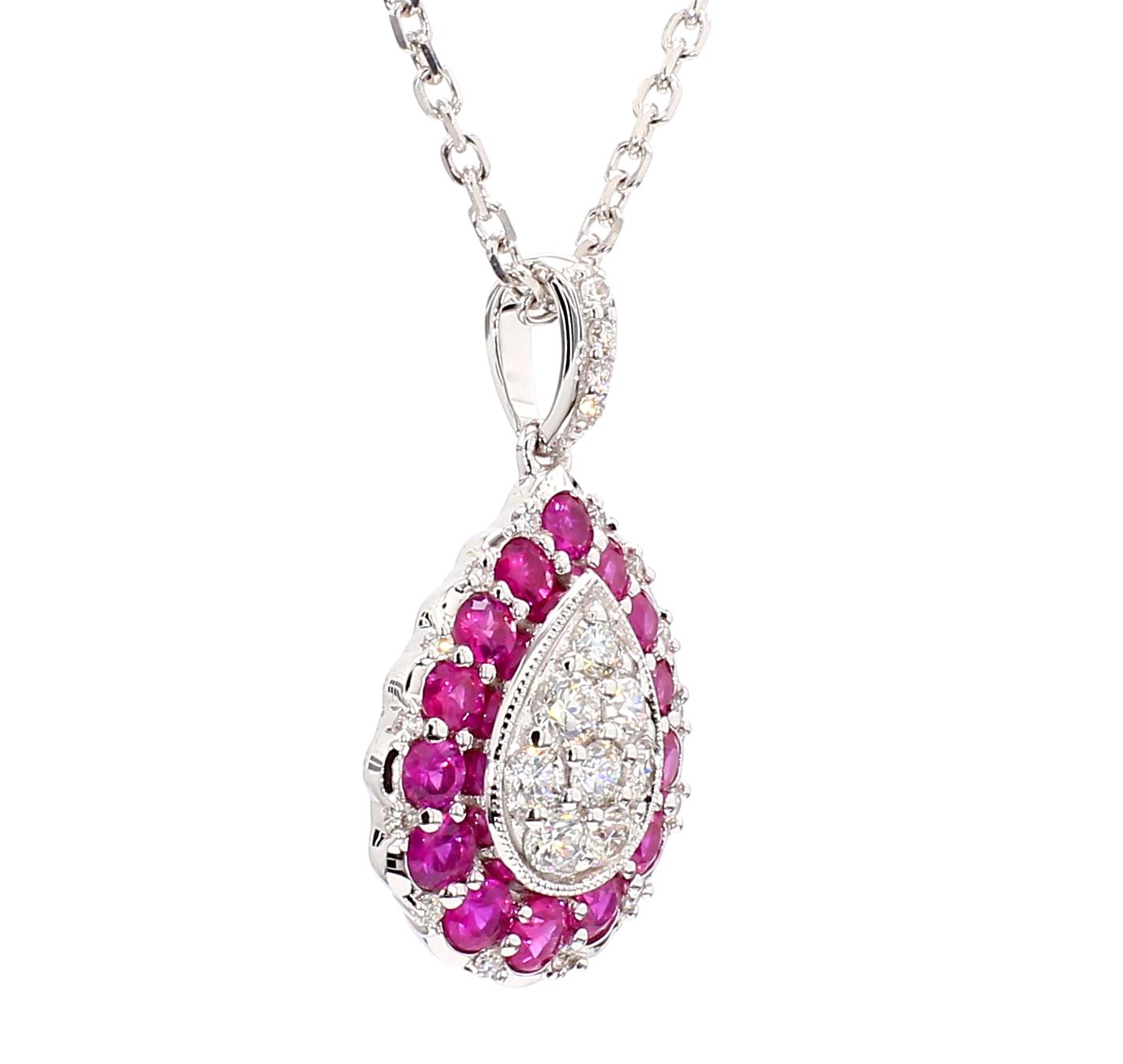 Natural Round Red Ruby and White Diamond 1.03 Carat TW Gold Drop Pendant