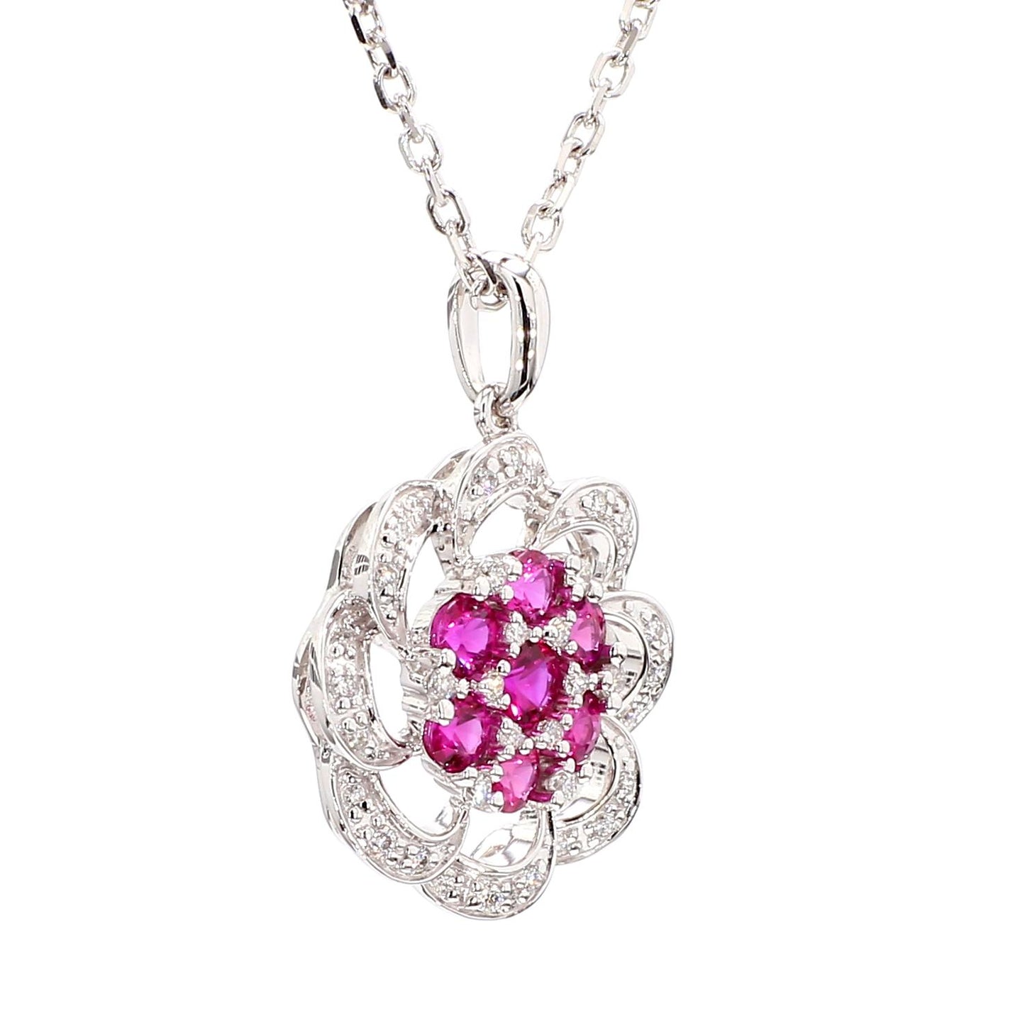 Natural Round Red Ruby and White Diamond 0.77 Carat TW Gold Drop Pendant