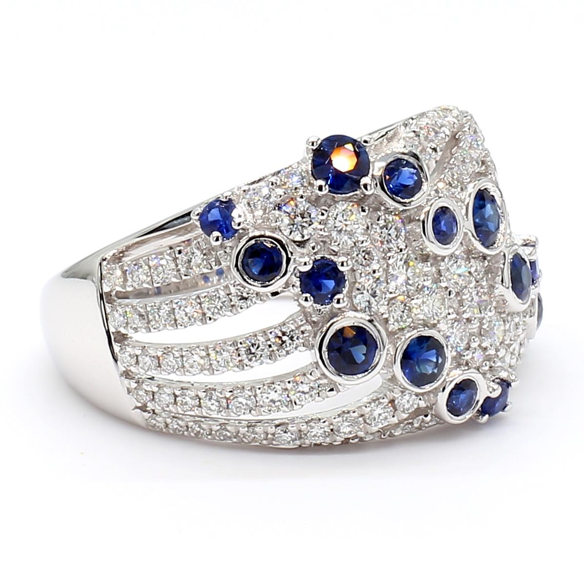 Natural Blue Round Sapphire and White Diamond 1.49 Carat TW Gold Cocktail Band