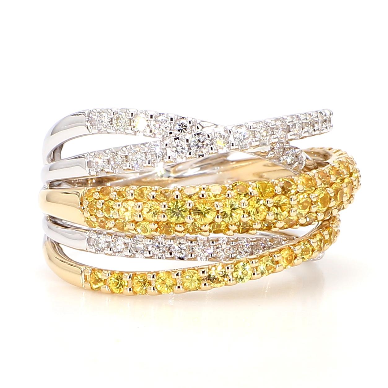 Natural Yellow Round Sapphire and White Diamond 1.86 Carat TW Gold Cocktail Ring