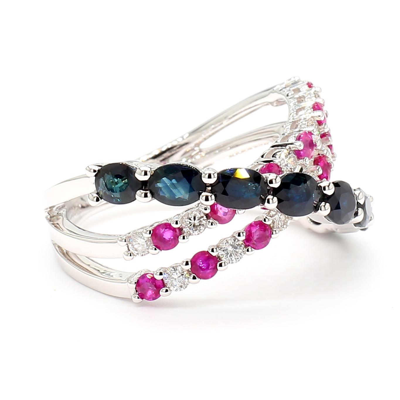 Natural Oval Sapphire and Diamond and Ruby 2.84 Carat TW Gold Cocktail Band
