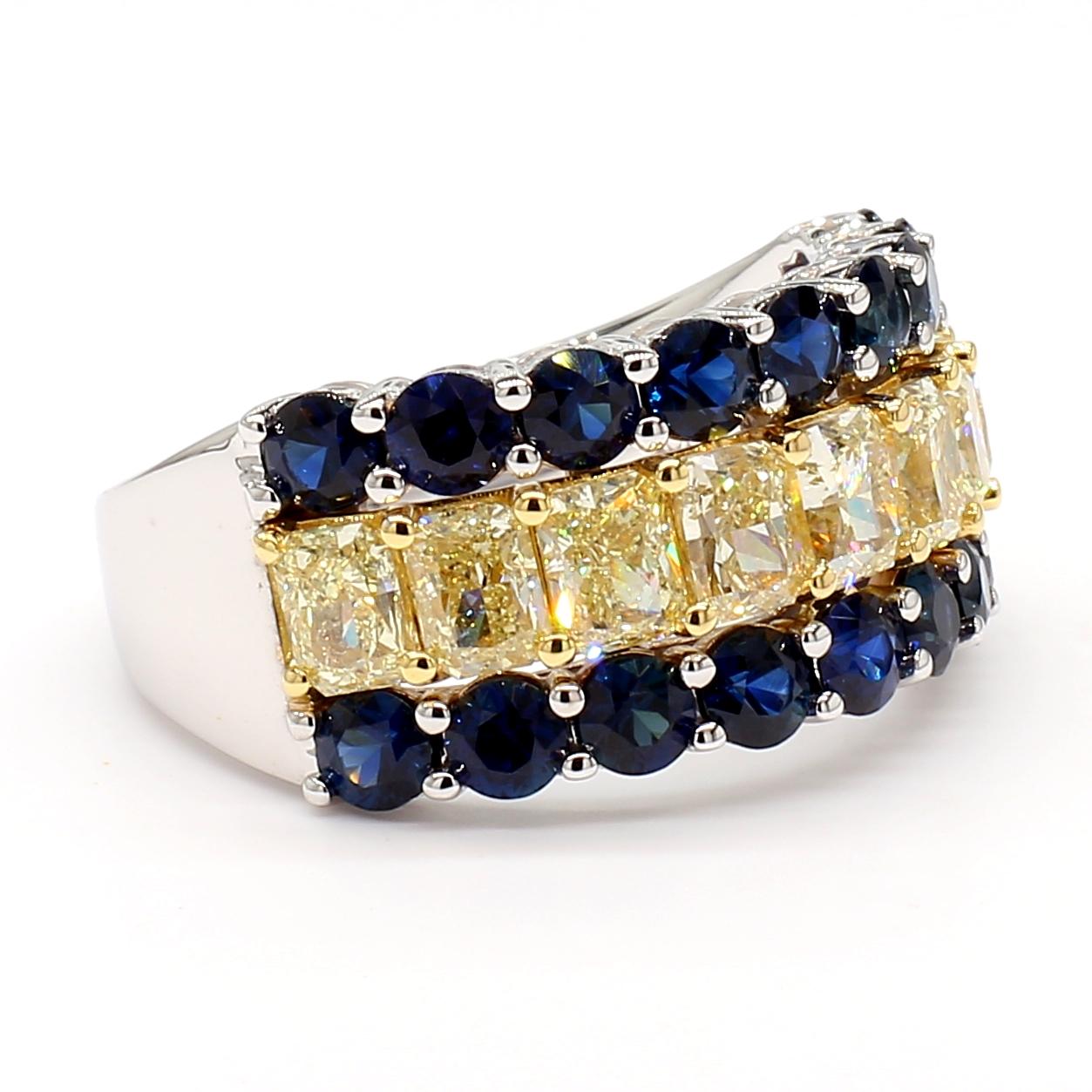 Natural Yellow Radiant Diamond and Blue Round Sapphire 5.16 Carat TW Gold Band
