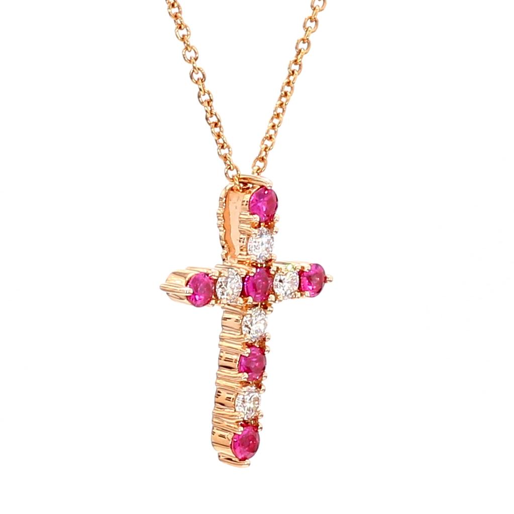 Natural Round Red Ruby and White Diamond .83 Carat TW Rose Gold Pendant