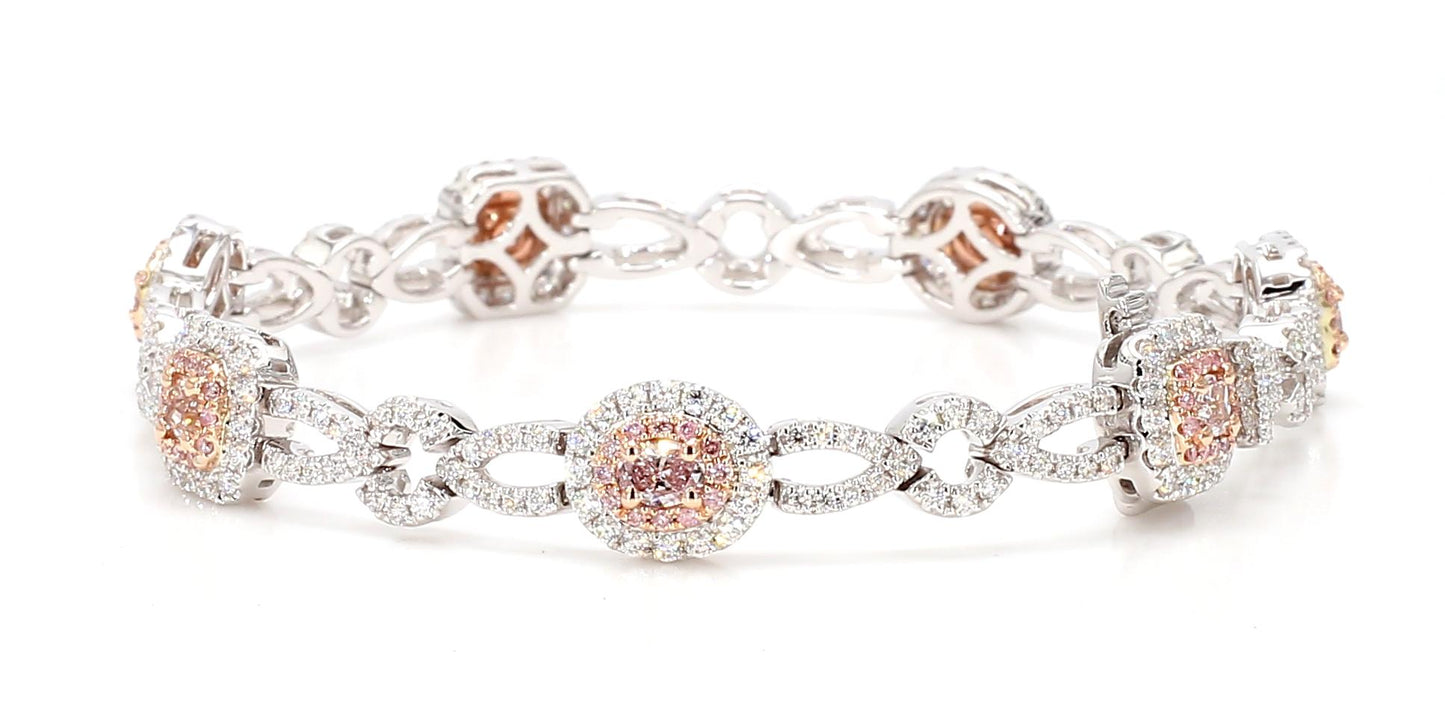 GIA Certified Natural Pink Mix Diamond 3.52 Carat TW Gold Tennis Bracelet
