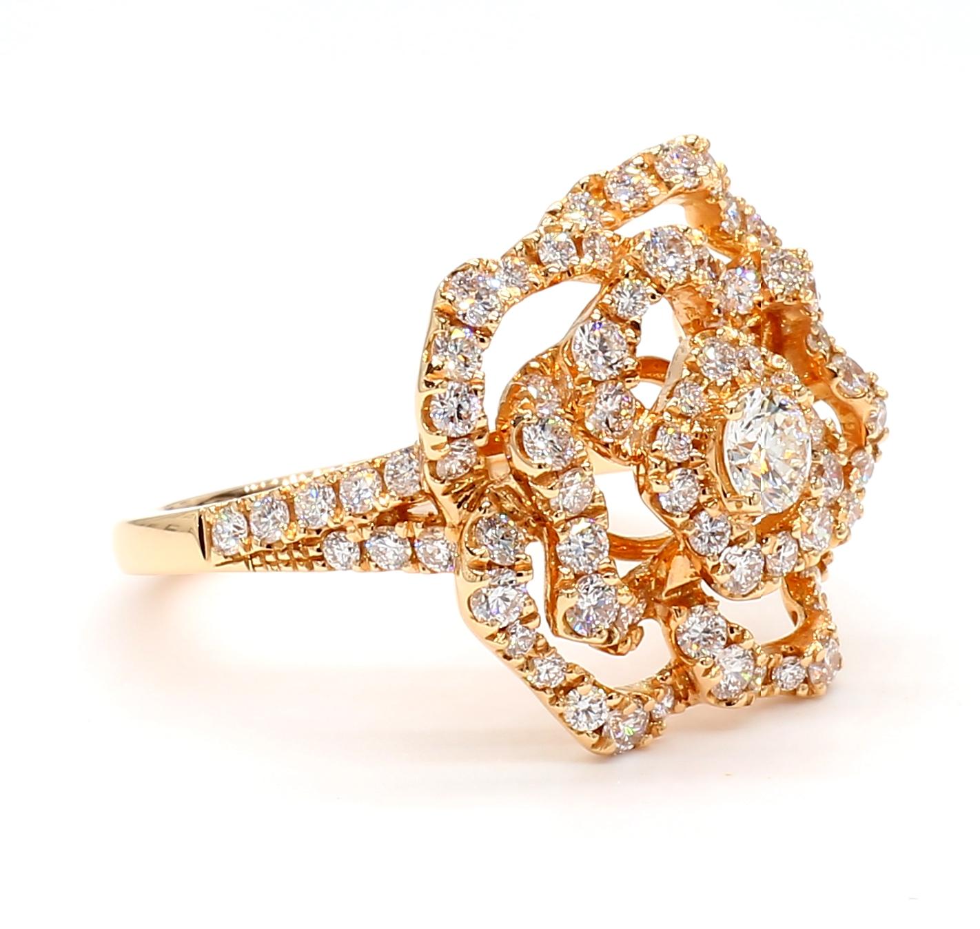 Natural White Round Diamond 1.33 Carat TW Rose Gold Cocktail Ring