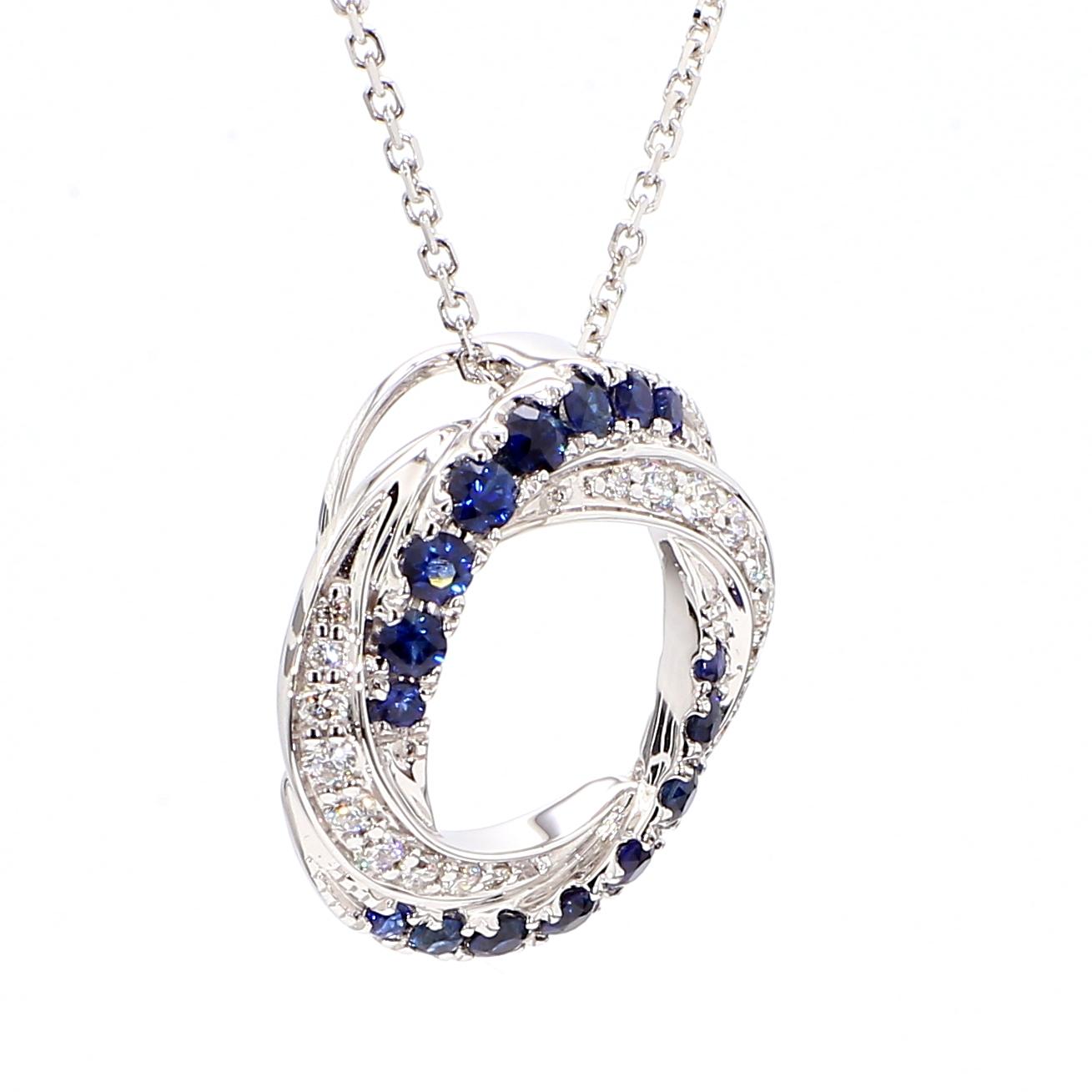 Natural Blue Round Sapphire and White Diamond 0.78 Carat TW Gold Drop Pendant