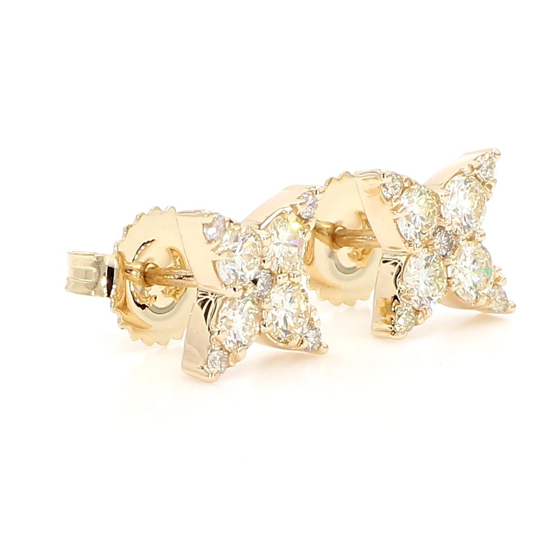 Natural White Round Diamond 0.90 Carat TW Yellow Gold Stud Earrings