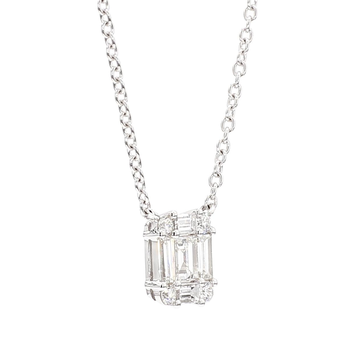 Natural White Baguette Diamond 0.85 Carat TW White Gold Drop Necklace