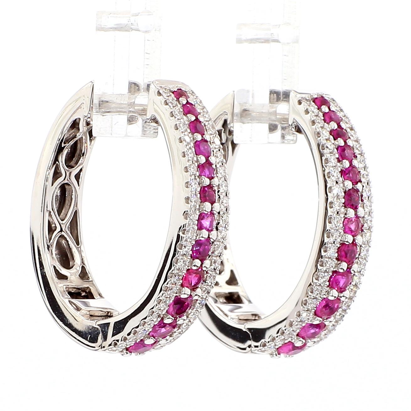Natural Red Round Ruby and White Diamond 1.26 Carat TW White Gold Hoop Earrings