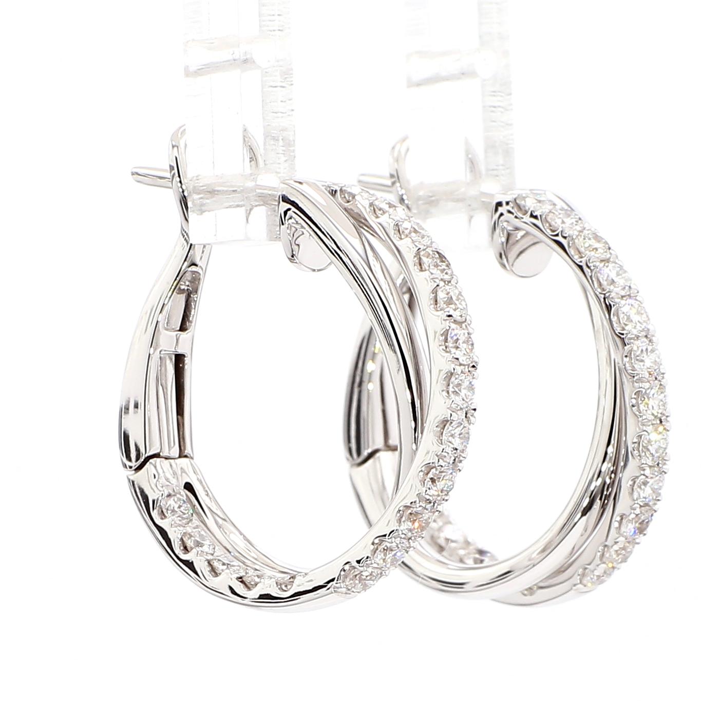 Natural White Round Diamond 0.97 Carat TW White Gold Hoop Earrings