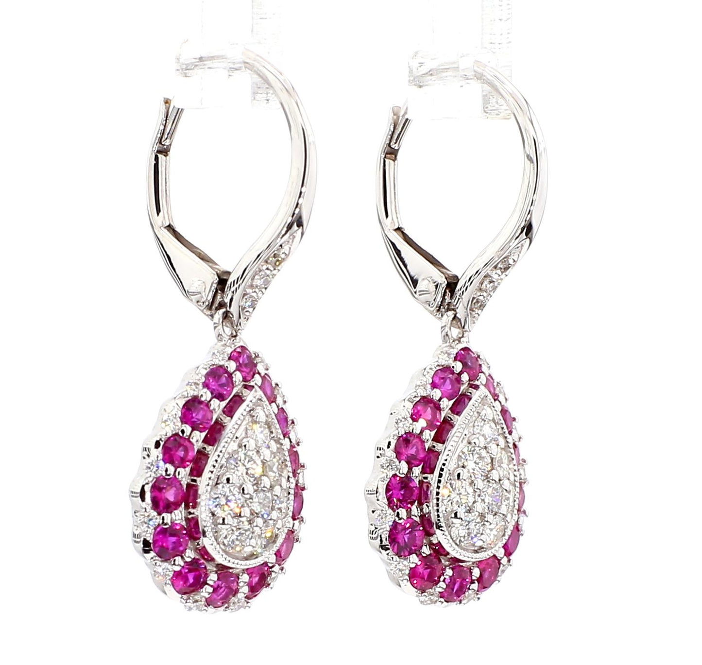 Natural Red Round Ruby and White Diamond 1.34 Carat TW White Gold Drop Earrings