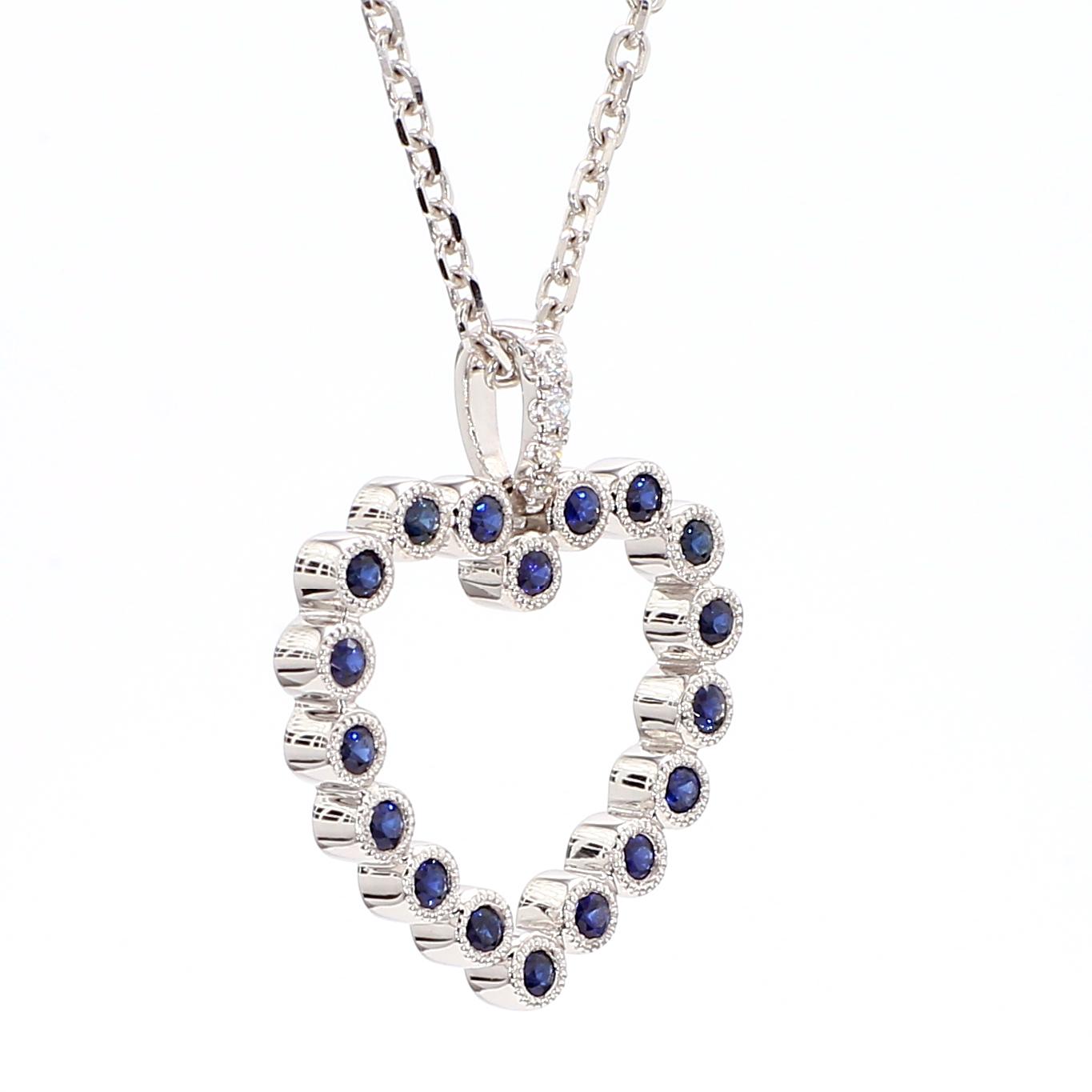 Natural Blue Round Sapphire and White Diamond 0.37 Carat TW Gold Drop Pendant