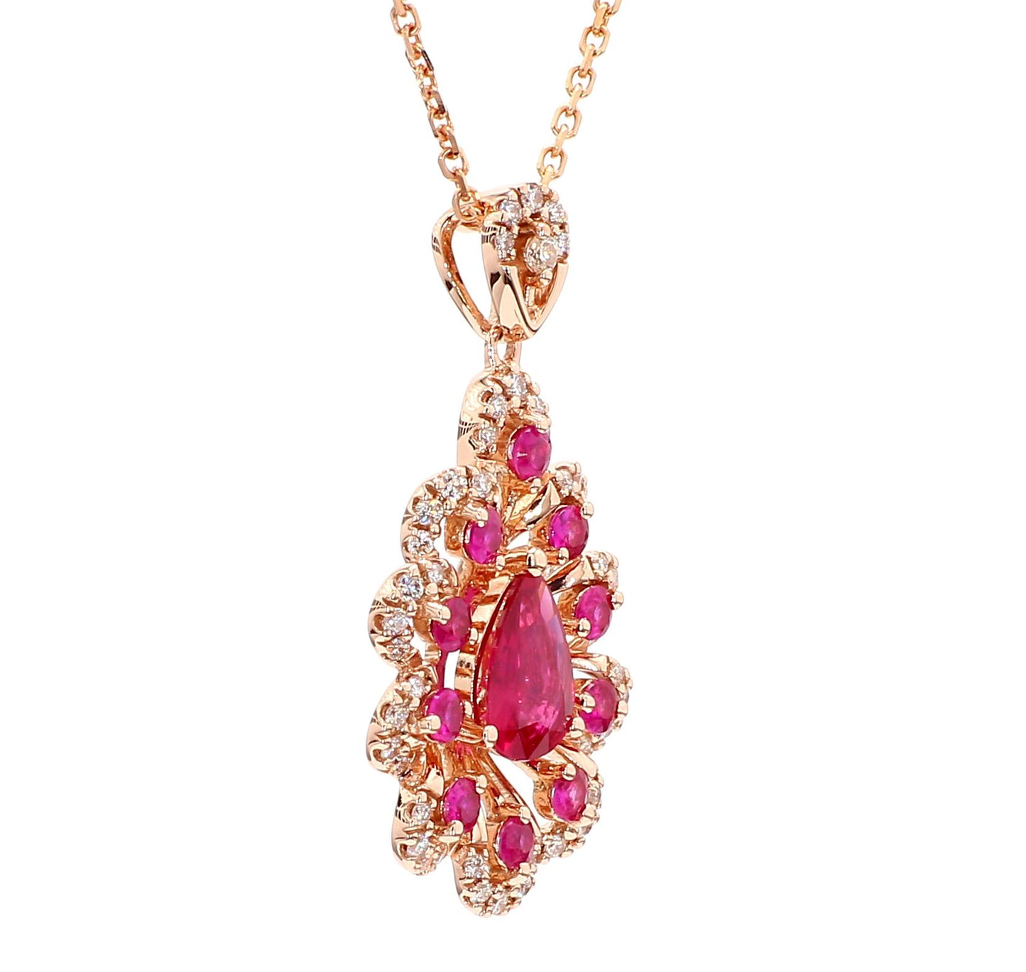 Natural Pear Red Ruby and White Diamond 1.36 Carat TW Gold Drop Pendant