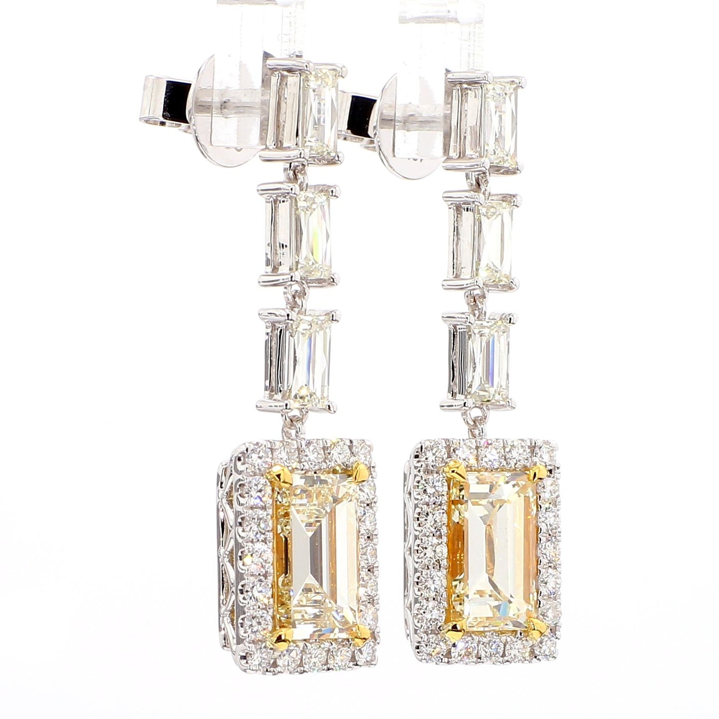 GIA Certified Natural Yellow Baguette Diamond 6.57 Carat TW Gold Drop Earrings