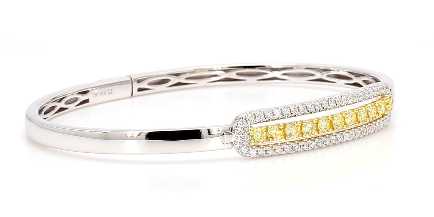 Natural Yellow Round and White Diamond 1.09 Carat TW Gold Cuff Bracelet
