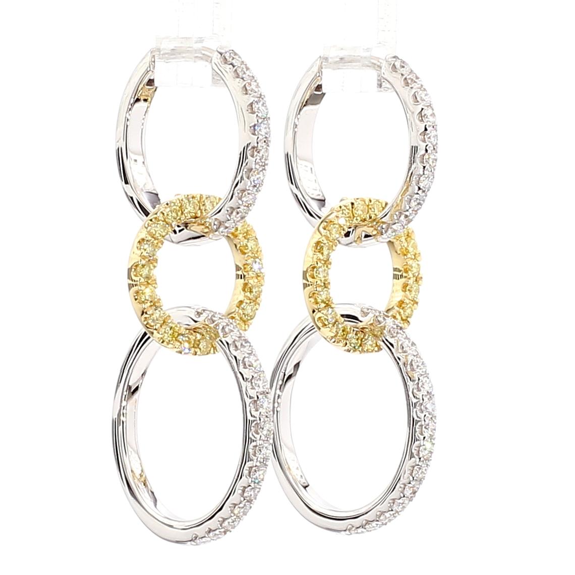 Natural Yellow Round and White Diamond .98 Carat TW Gold Drop Earrings