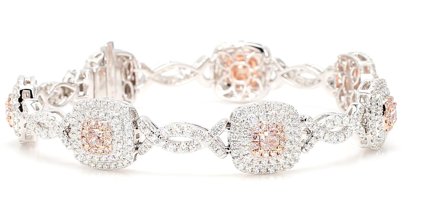 GIA Certified Natural Pink Cushion Diamond 4.59 Carat TW Gold Tennis Bracelet